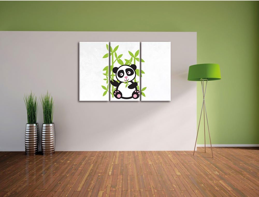 Pixxprint Süsser Panda mit Bambus / 3-Teilig/Gesamtmass 120cm Leinwandbild bespannt auf Holzrahmen/W