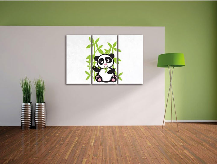 Pixxprint Süsser Panda mit Bambus / 3-Teilig/Gesamtmass 120cm Leinwandbild bespannt auf Holzrahmen/W