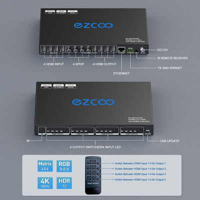 HDMI Matrix 4 x4 4K 60Hz 4:4:4 HDR Koaxial Audio-Breakout, HDCP 2.2 HDMI 2.0 Matrix 18 G/Bits mit IR