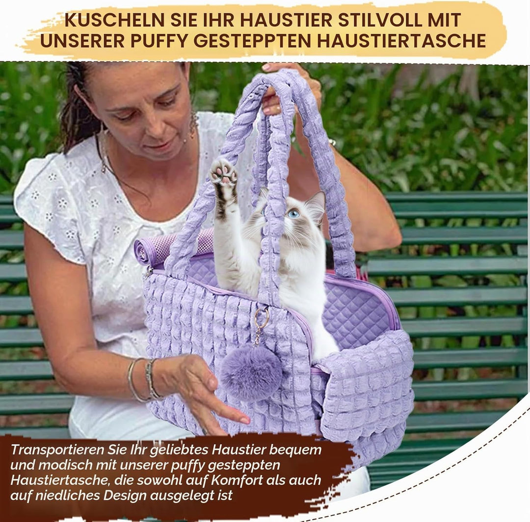 Weiche Tragetaschen für Katzen, modische Luftpolstertasche, Gesteppte Handtasche mit flauschigem Bal