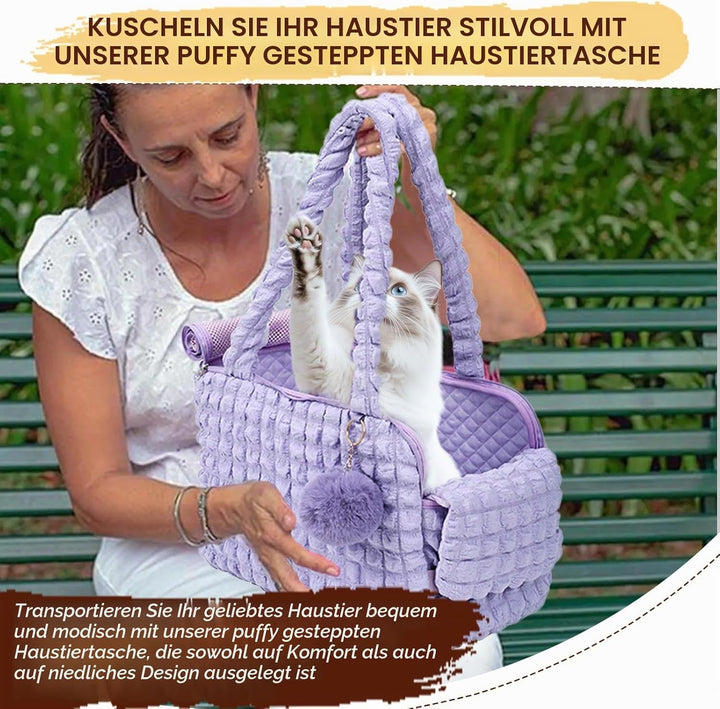 Weiche Tragetaschen für Katzen, modische Luftpolstertasche, Gesteppte Handtasche mit flauschigem Bal