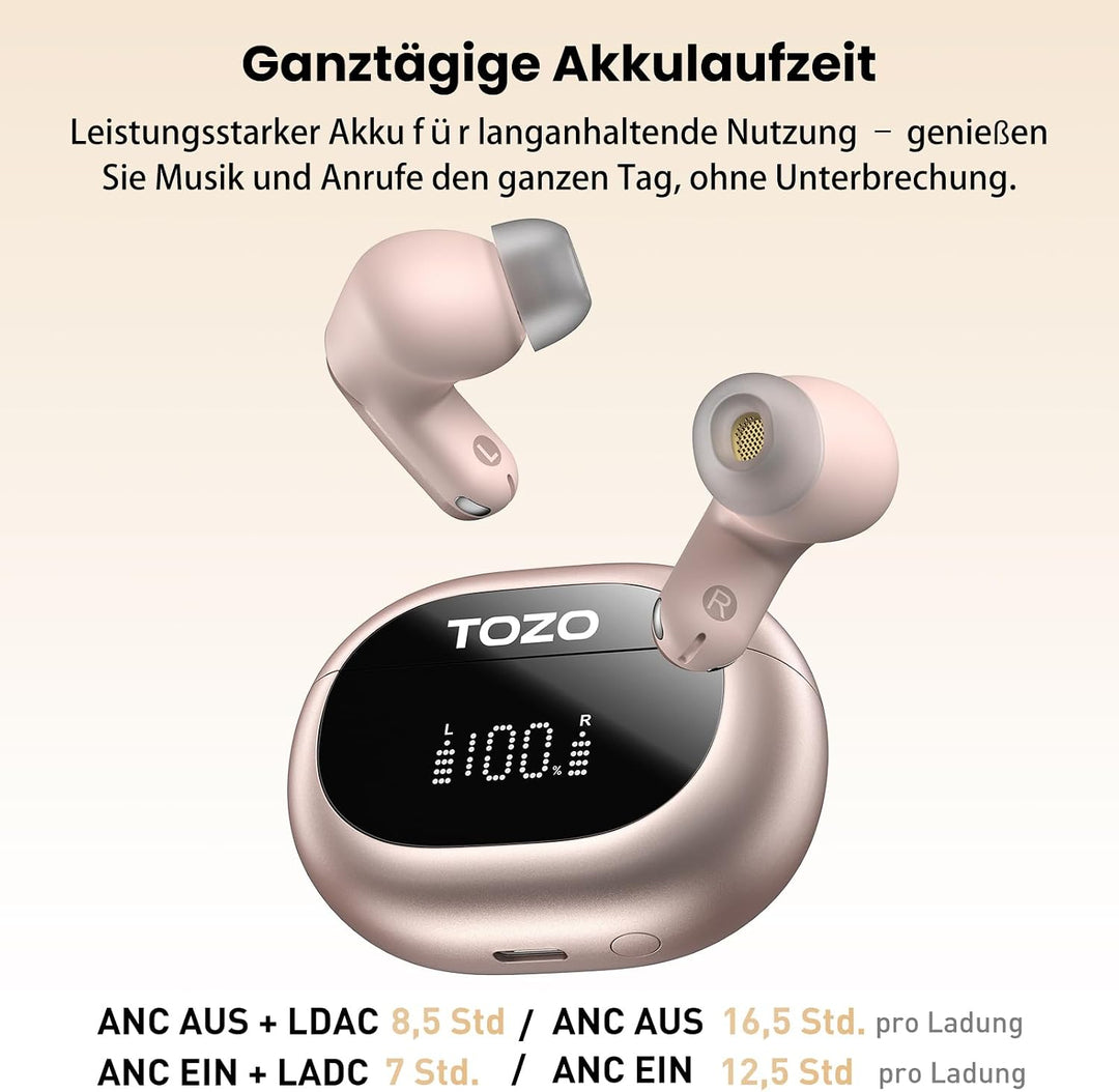 TOZO NC20 Bluetooth-Kopfhörer 6.0,6 Mics & ENC AI für kristallklare Anrufe,LDAC Hi-Res Audio,IPX8,Ve