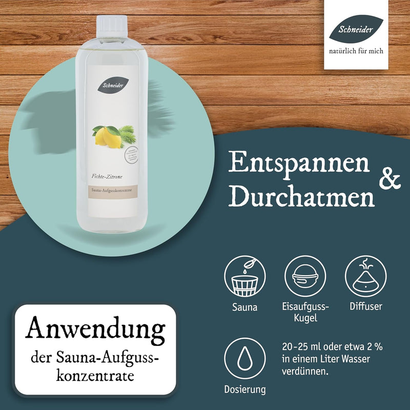 Saunabedarf Schneider - Aufgusskonzentrat Fichte-Zitrone - fruchtig-frischer, waldiger Saunaaufguss