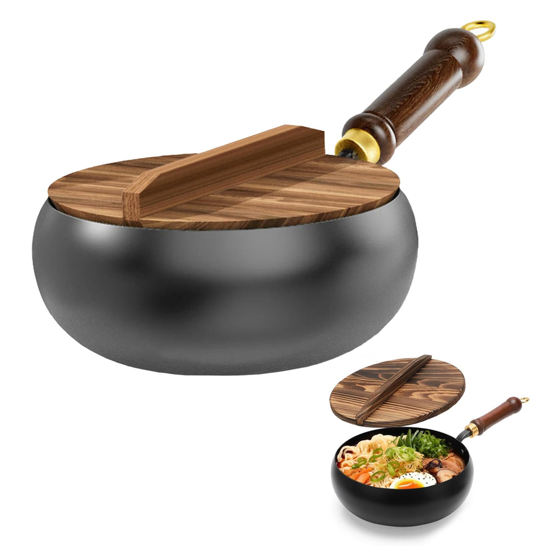 Japanische Eisenpfanne mit Holzdeckel, 28cm Natürlich Antihaft &amp; Ohne Chemische Beschichtung Iron Pa