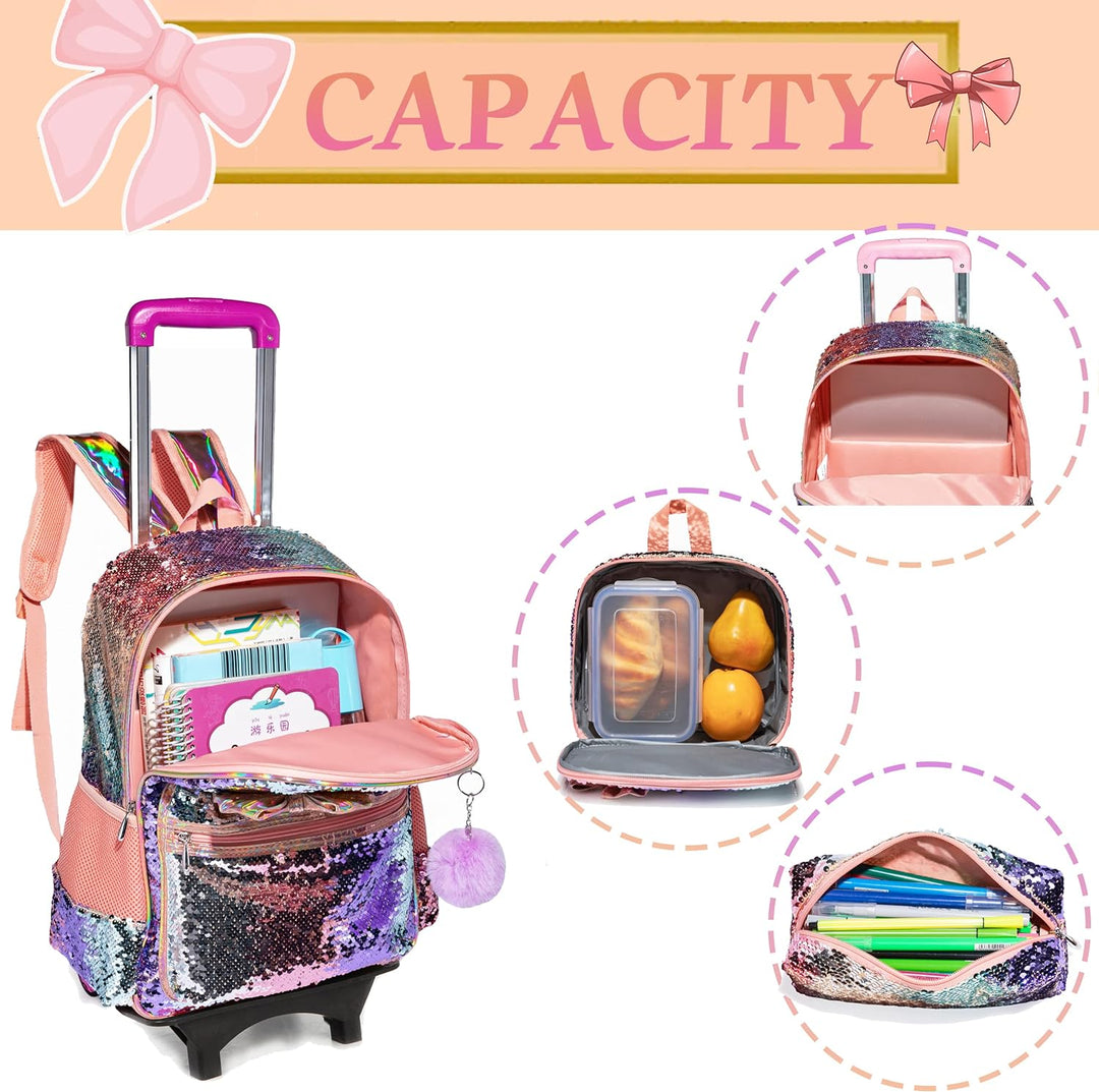 HTgroce Bogen Rucksack Trolley Mädchen Schultaschen Trolley, Grundschule Trolley Rucksack mit Lunch