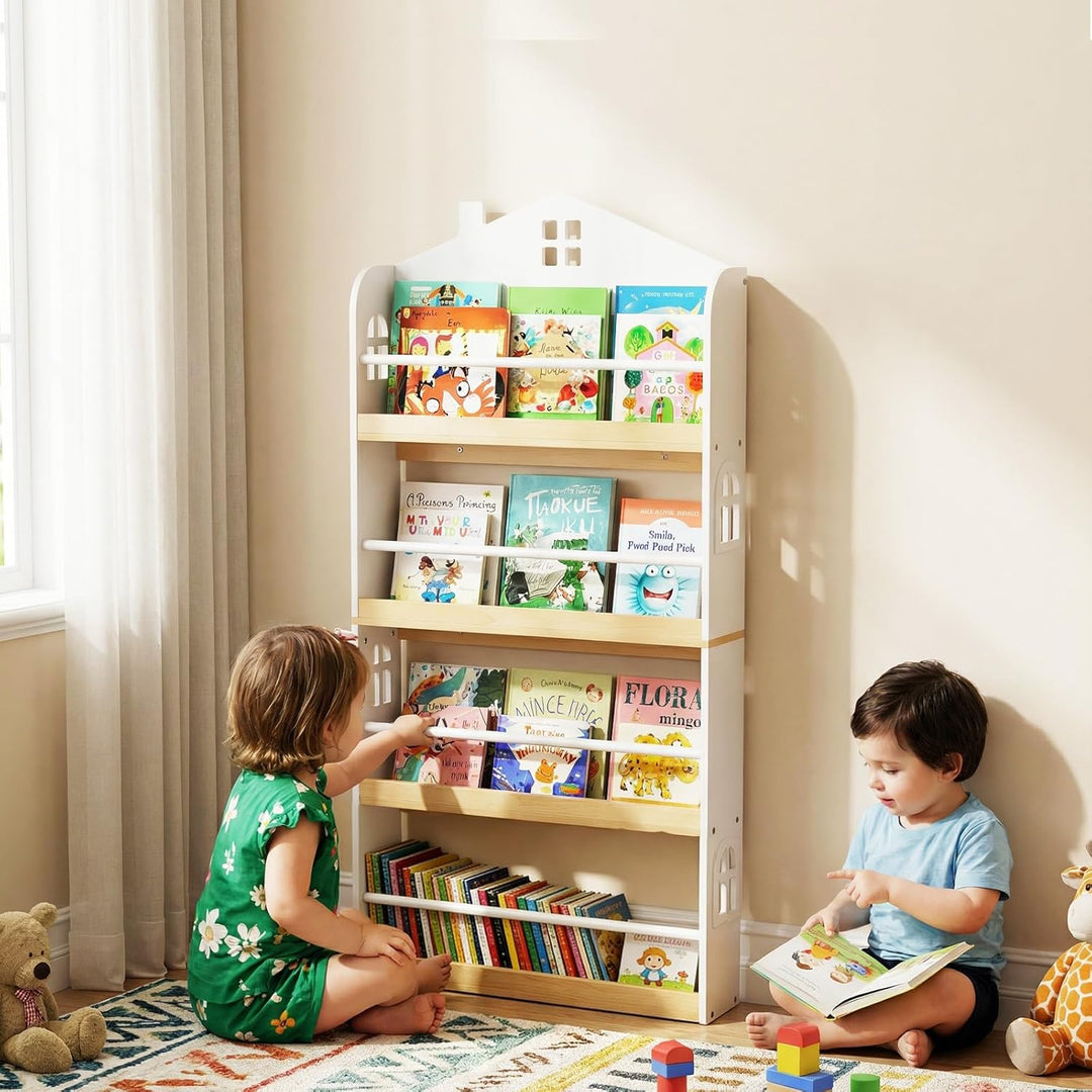 COSTWAY Bücherregal Kinder in Hausform, Kinderregal mit 4 Ablagen & Metallstangen, Wandregal schmal,