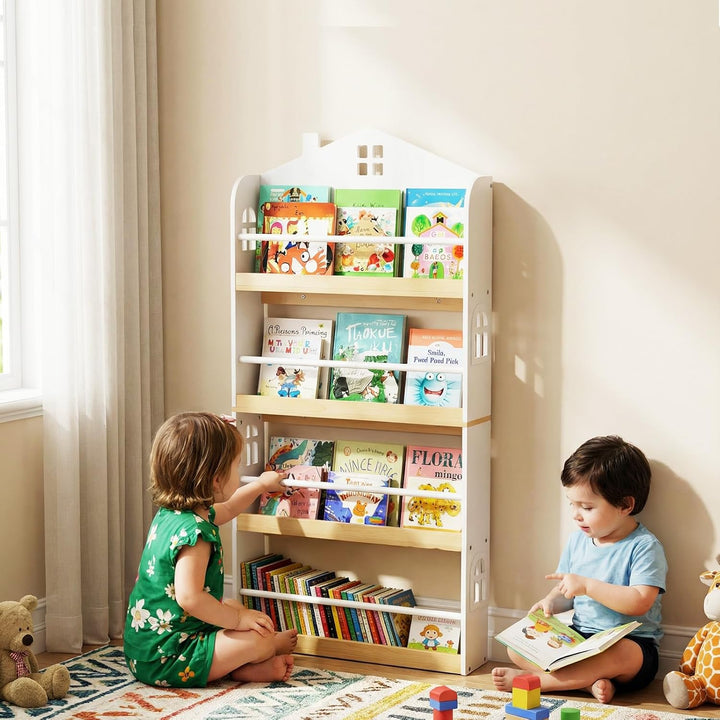 COSTWAY Bücherregal Kinder in Hausform, Kinderregal mit 4 Ablagen & Metallstangen, Wandregal schmal,
