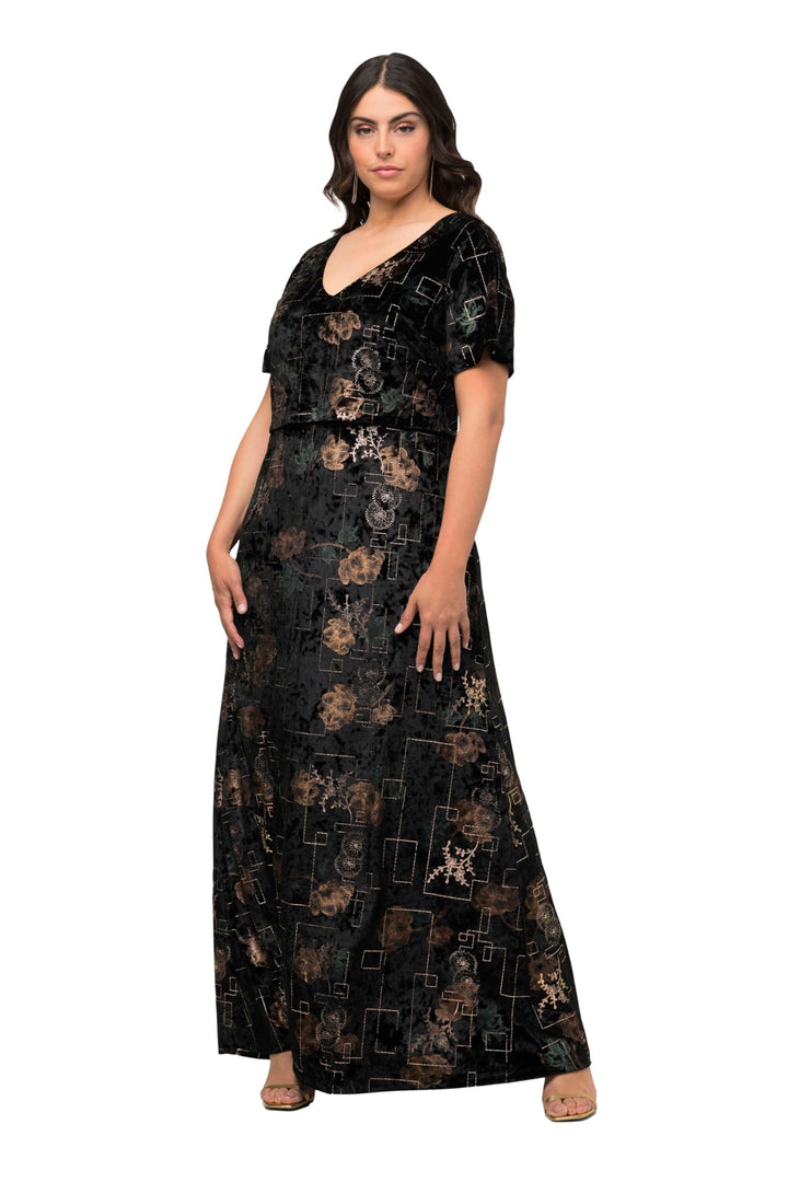Ulla Popken Damen Abendkleid aus Samt mit Foilprint Kleider 42-44 Grosse Grössen Schwarz, 42-44 Gros