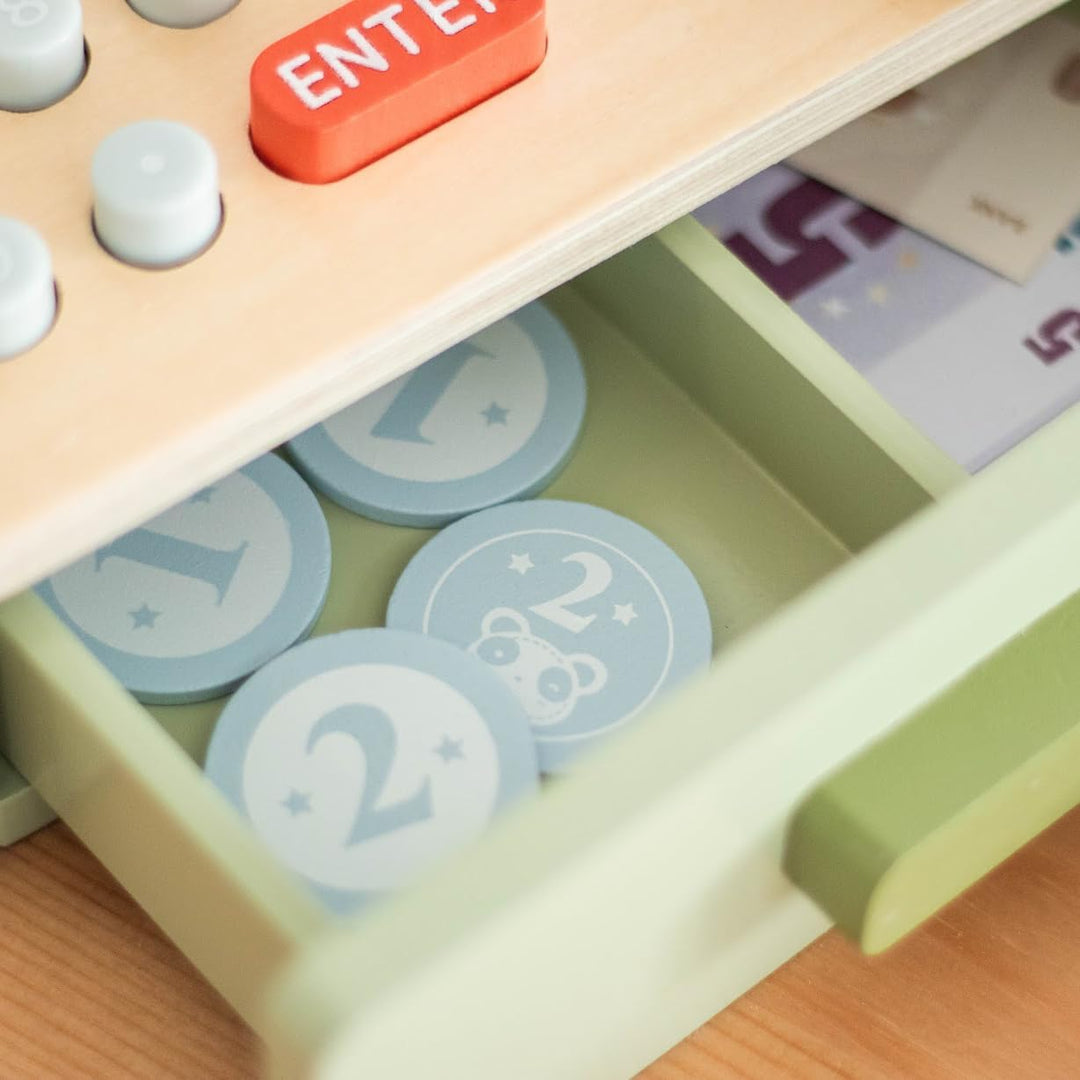 UMU® Kinder Kasse aus Holz - inkl. Zubehör (Scanner, Zahlungsterminal, Spielgeld usw.), Kaufläden &