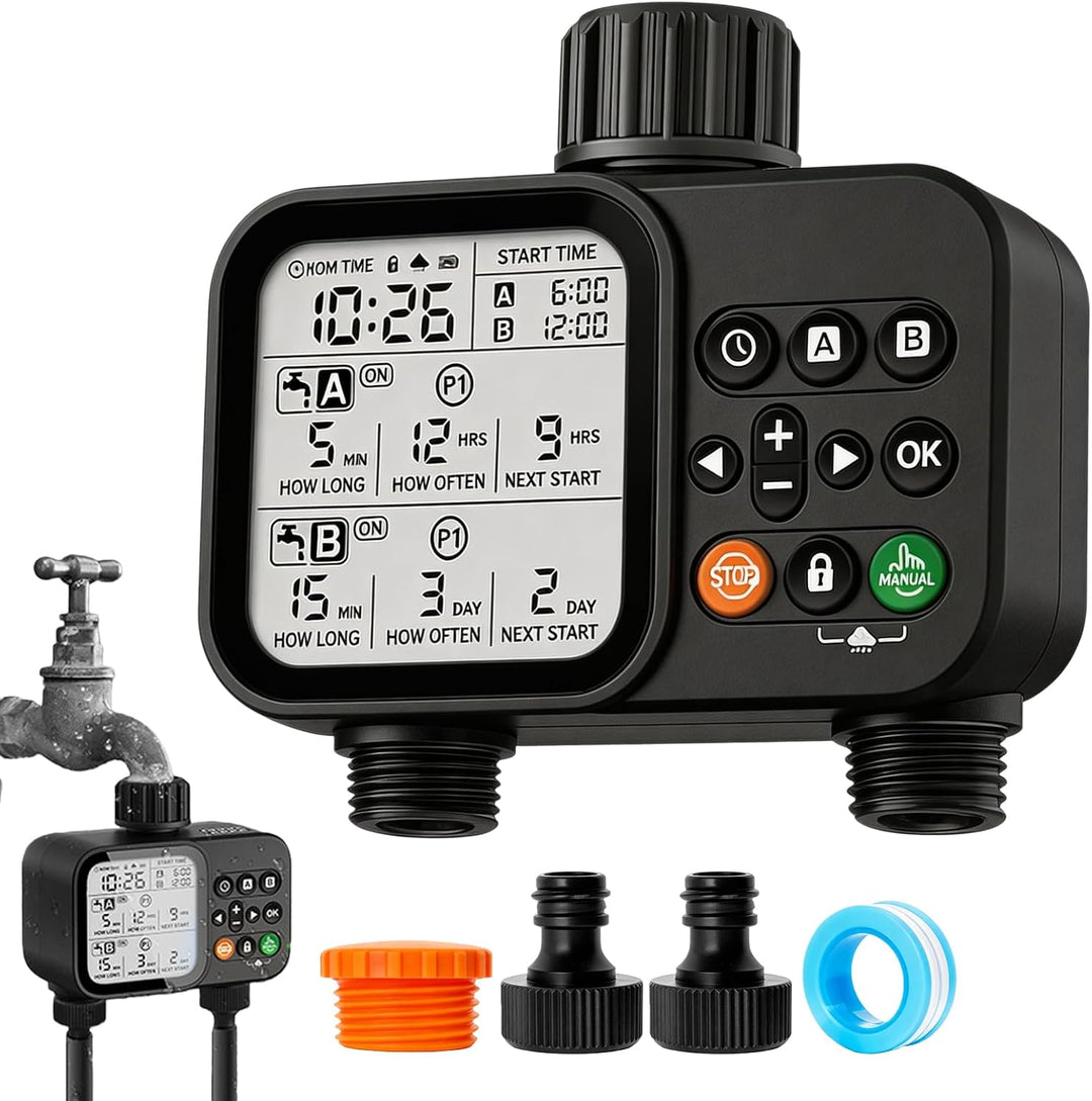 Bewässerungscomputer 2 Ausgänge, IP54 Wasserdichtes Weiss, Bewässerungsuhr Regenverzögerung, Wasser