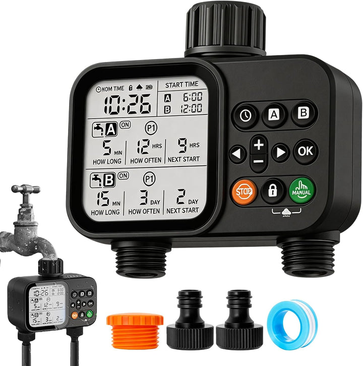 Bewässerungscomputer 2 Ausgänge, IP54 Wasserdichtes Weiss, Bewässerungsuhr Regenverzögerung, Wasser