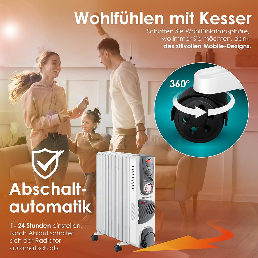KESSER® Ölradiator Elektrische Heizung mit 11 Rippen 2500W + Lüfter Öl Radiator Elektroheizung Mobil