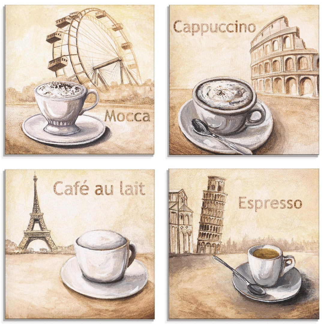 ARTland Glasbilder Wandbild Glas Bild Set 4 teilig je 20x20 cm Quadratisch Kaffee Cafe Coffee Cappuc