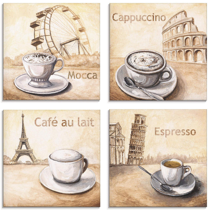ARTland Glasbilder Wandbild Glas Bild Set 4 teilig je 20x20 cm Quadratisch Kaffee Cafe Coffee Cappuc
