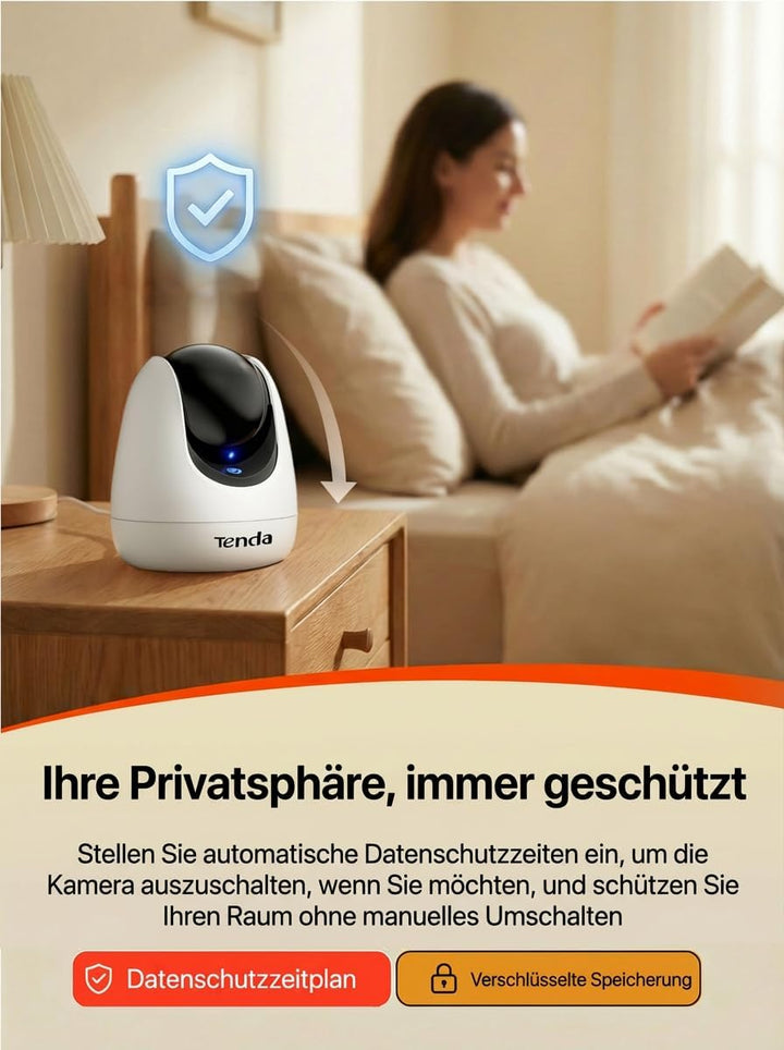 Tenda CP3 Überwachungskamera Innen, 1080p WLAN IP Kamera mit 2-Wege-Audio, 360°/155° drehbar, 12m Na
