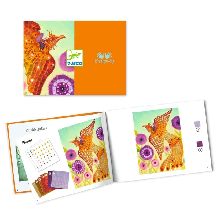 Djeco Mosaik Bastelset Fabelwesen für Kinder ab 6 Jahren | Kreatives DIY Set mit Glitzersteinen, Mos
