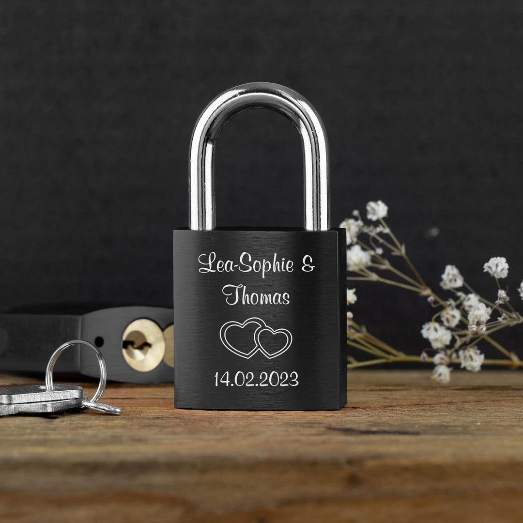 LIEBESSCHLOSS-FACTORY Liebes-Schloss Schwarz mit Laser-Gravur und Schlüssel, gratis Geschenkbox uvm.