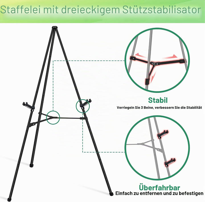Staffelei – Faltbare Metall Staffelei, Verstellbare Bodenstaffelei mit Sofort Stativ – Leinwandständ