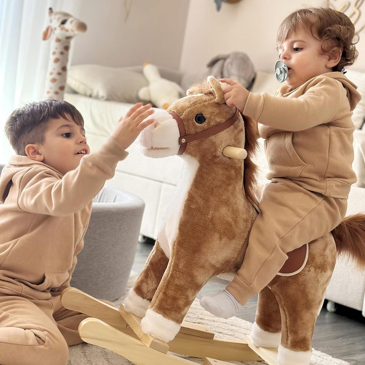 HOMCOM Kinder Schaukelpferd Baby Schaukeltier Pferd mit Tiergeräusche Spielzeug Haltegriffe für 36-7