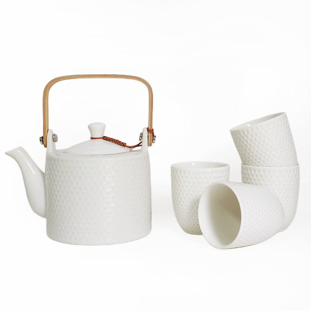 Teekanne Keramik Weiss, Japanisches Tee Set Vintage, Porzellan Teeservice mit Sieb 900ml mit 4 Teeta
