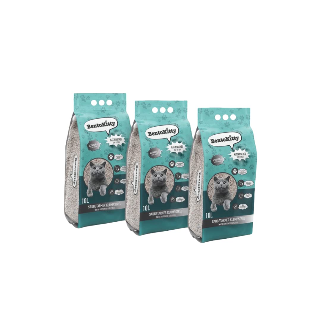 BentoKitty Katzenstreu (30L, 3er Pack) mit Aktivkohle, Klumpend, weiss, feinkörnig, Klumpstreu aus B