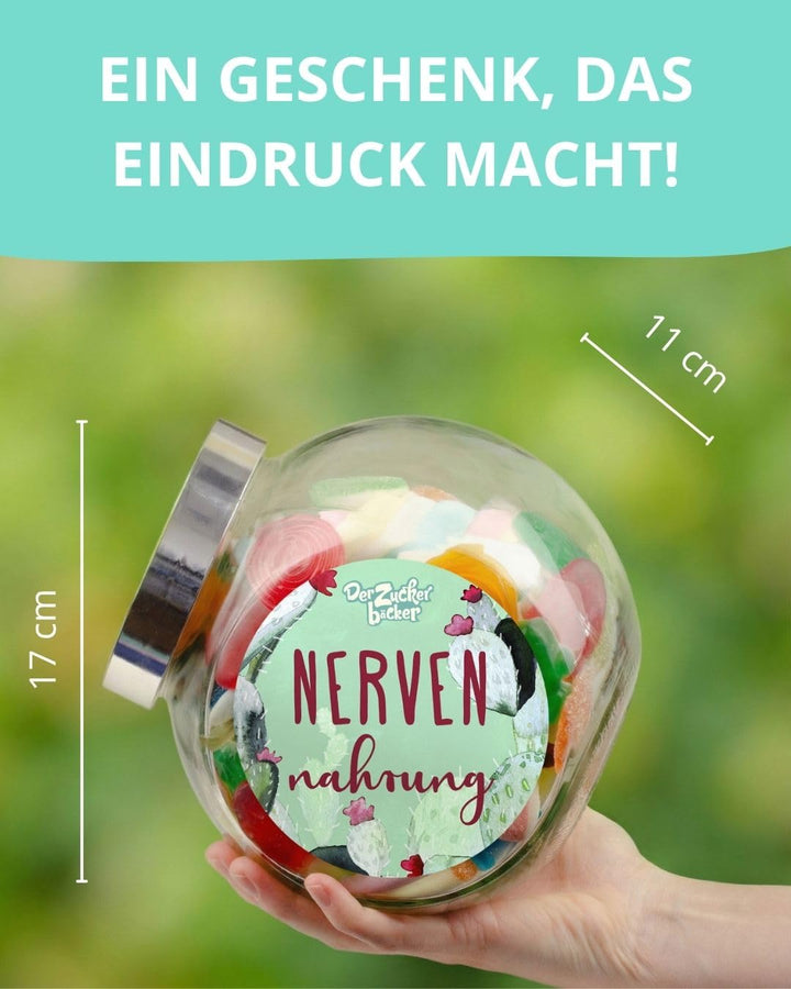 Nervennahrung Süssigkeiten-Glas – leckere Süssigkeiten-Mischung in schönem Schräghalsglas, 1000 g, N