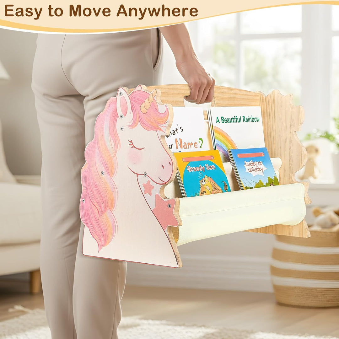 MHJY Bücherregal Kinder, doppelseitiges Holzregal mit robusten Canvas-Taschen, Montessori Stil, trag