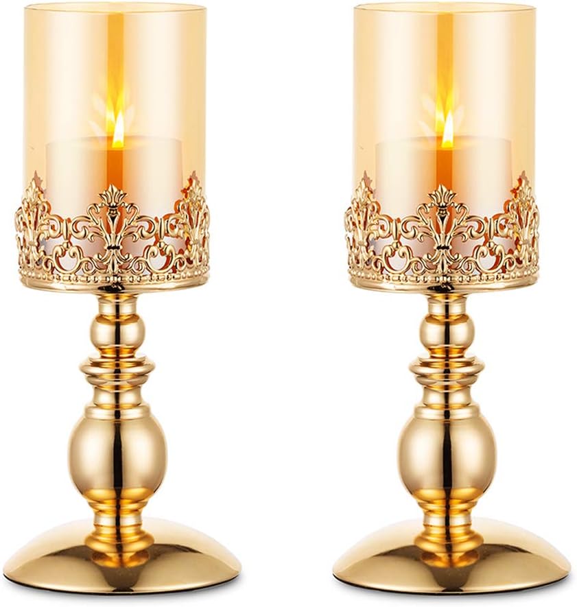 NUPTIO Säulenkerzenhalter mit Glas, 2er Set Hurricane-Kerzenhalter aus Gold Moderne Wohnkultur Gesch