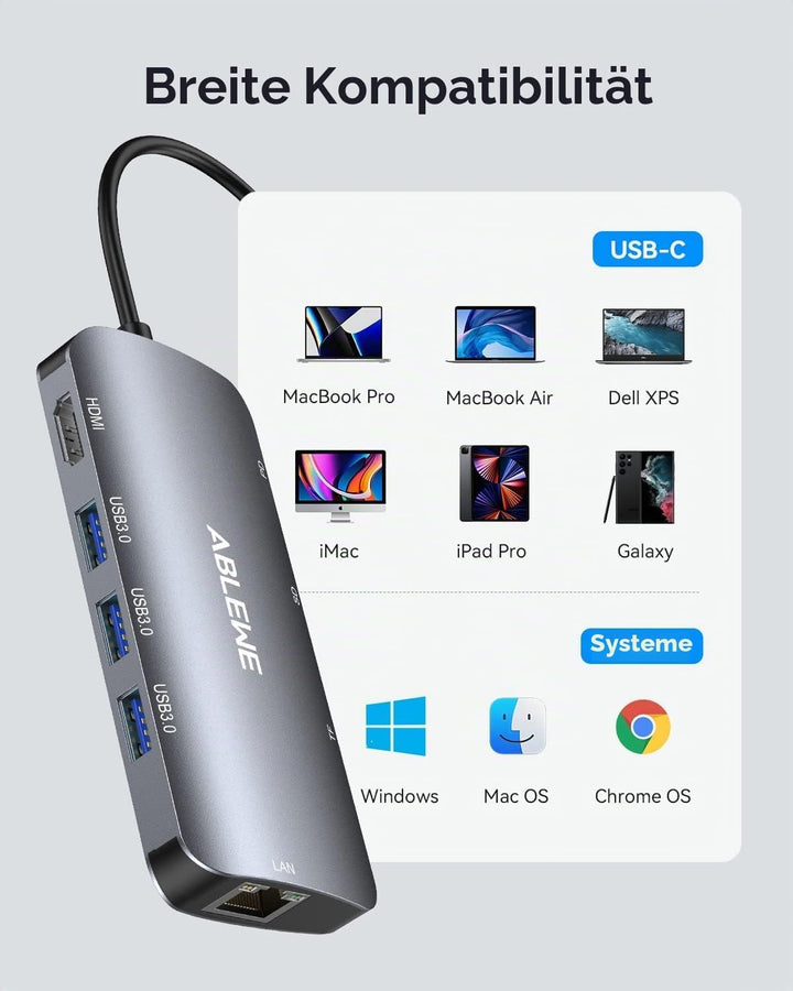 USB C Hub ABLEWE 8 in 1 USB C Adapter mit 1000M Ethernet RJ45 LAN, 4K HDMI, 87W PD, SD/TF Kartenlese