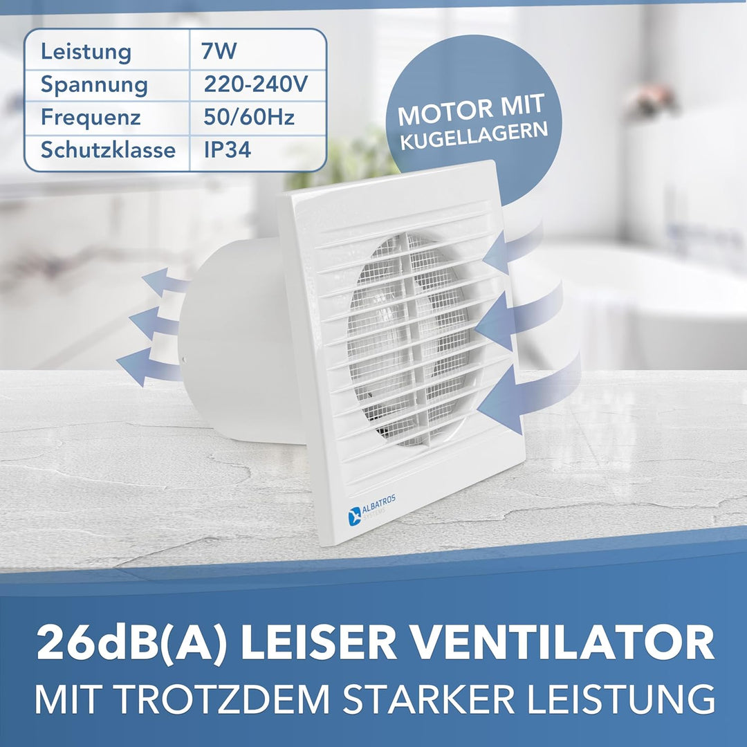 Albatros Badlüfter 100mm mit Feuchtigkeitssensor und Timer - Extra Leise und Leistungsstark - Innova