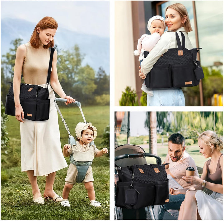 Lekebaby Baby Wickeltasche Bote gross mit Wickelunterlage für Reise Schwarz Gesteppt Schwarz Gestepp