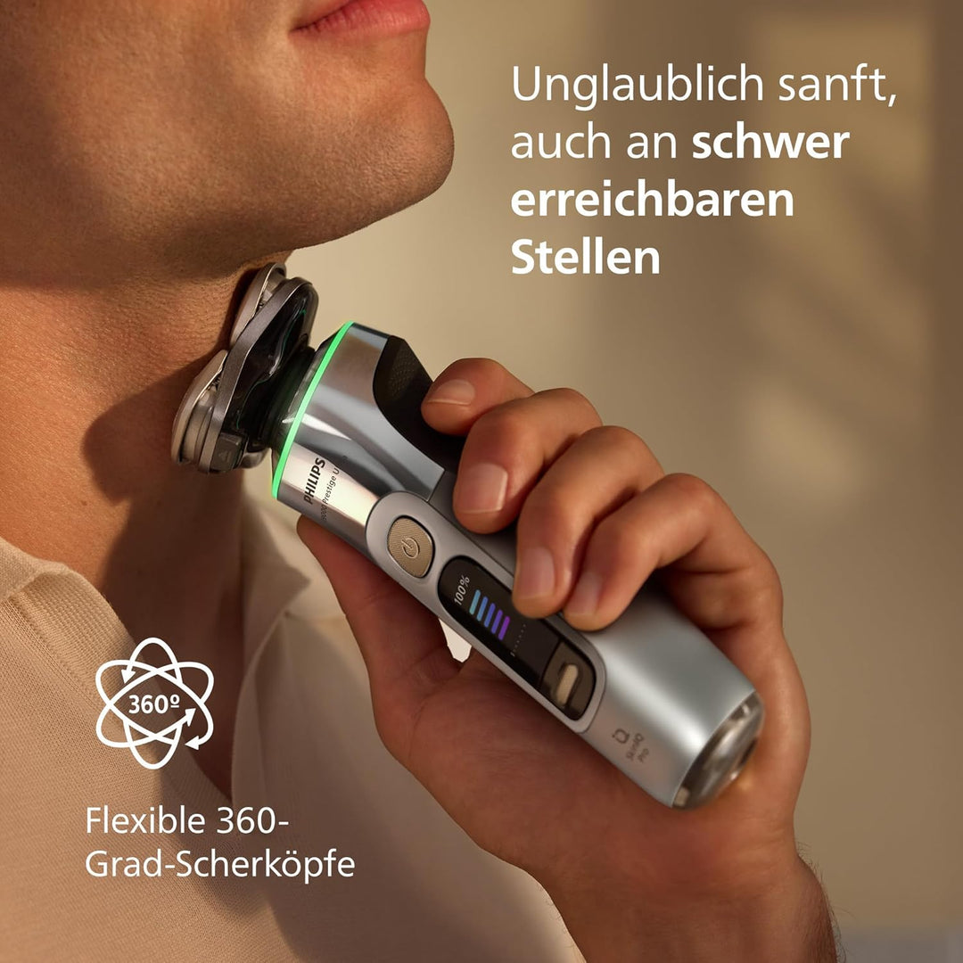 Philips Rasierer i9000 Prestige Ultra, Nass- und Trockenrasiererr, chrom, Druck- und Bewegungssensor