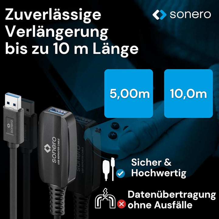Sonero USB 3.2 Gen1x1 Aktive Verlängerung - A/A - schwarz - 10,00m 10,0 m USB-A auf USB-A, 10,0 m US