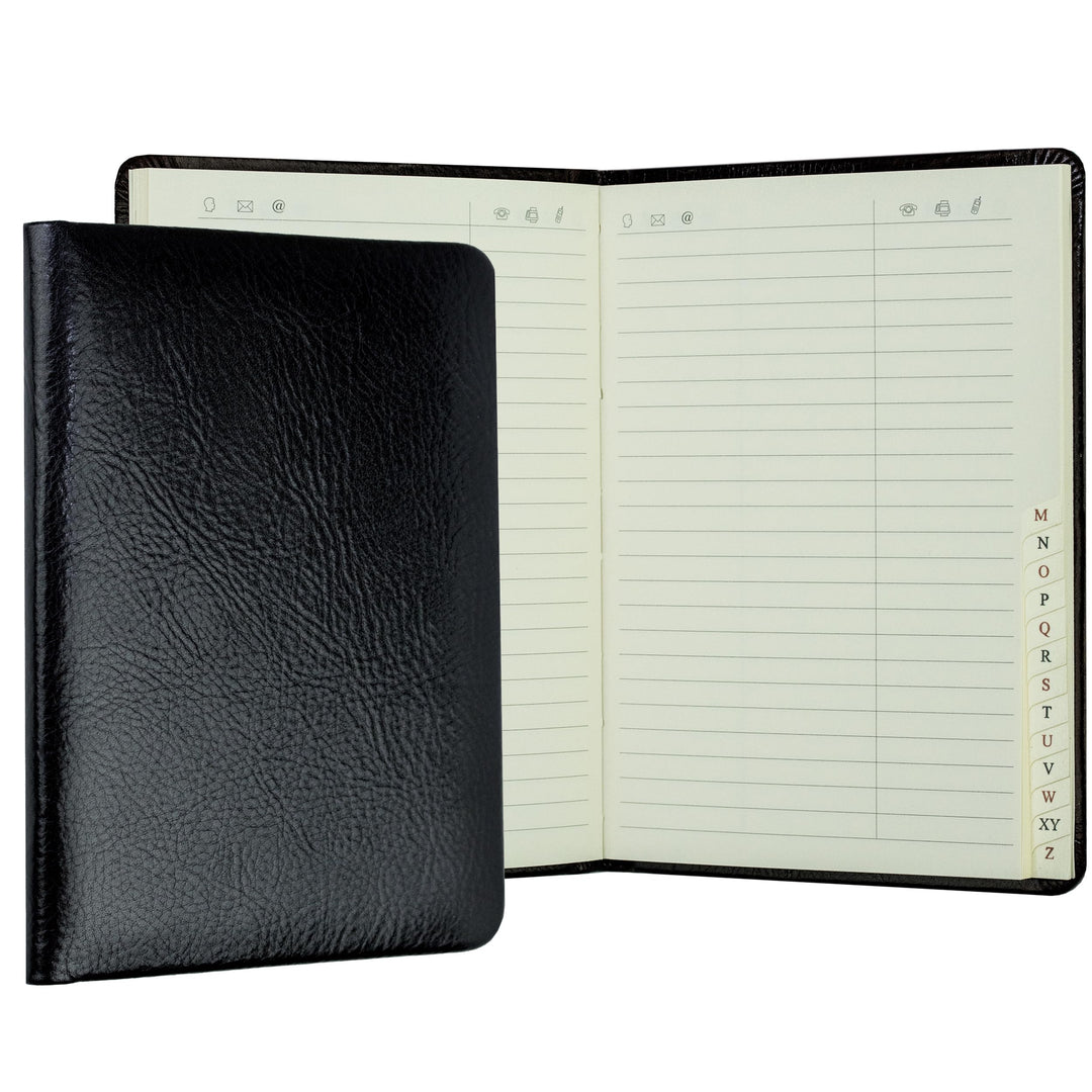 DELMON VARONE - Personalisierbares Adressbuch DIN A6+ gebunden mit A-Z Register Vintage Leder schwar