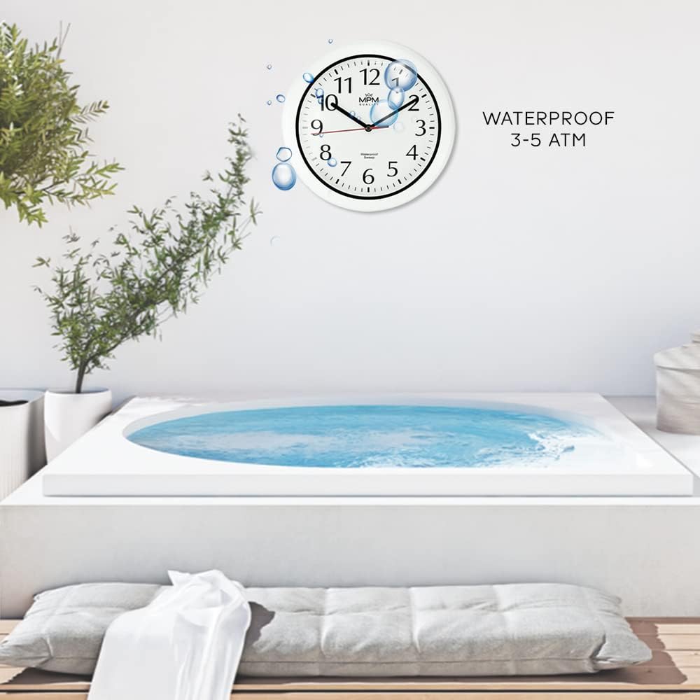 MPM Quality Design Badezimmer-Wanduhr aus Kunstoff und Mineralglas, Quarz Sweep, 3-5 ATM Wasserdicht