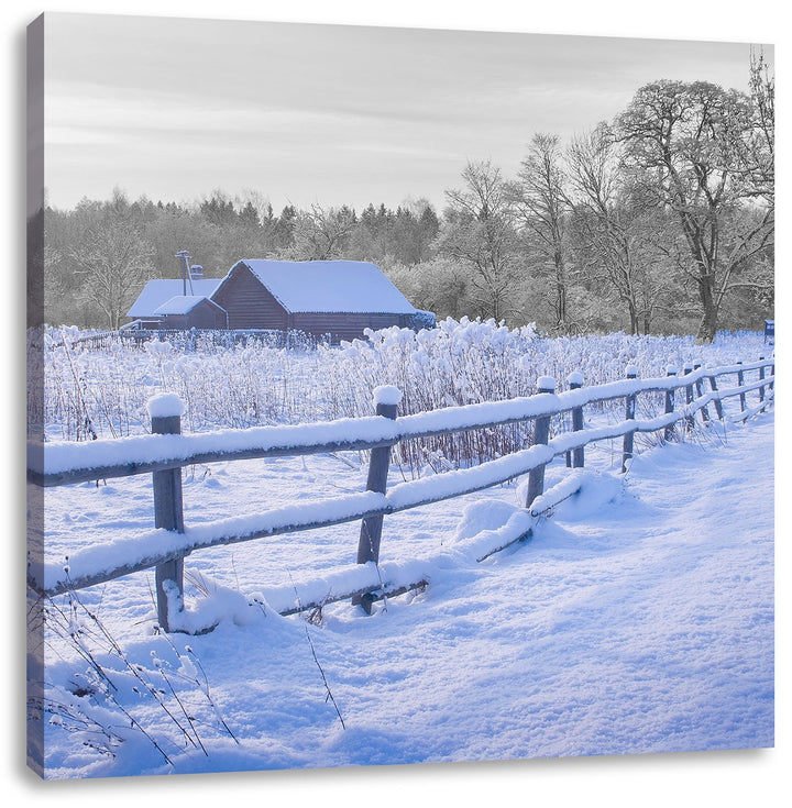 Pixxprint kleines Holzhaus in verschneiter Landschaft schwarz/weiss als Leinwandbild/Grösse: 70x70 c