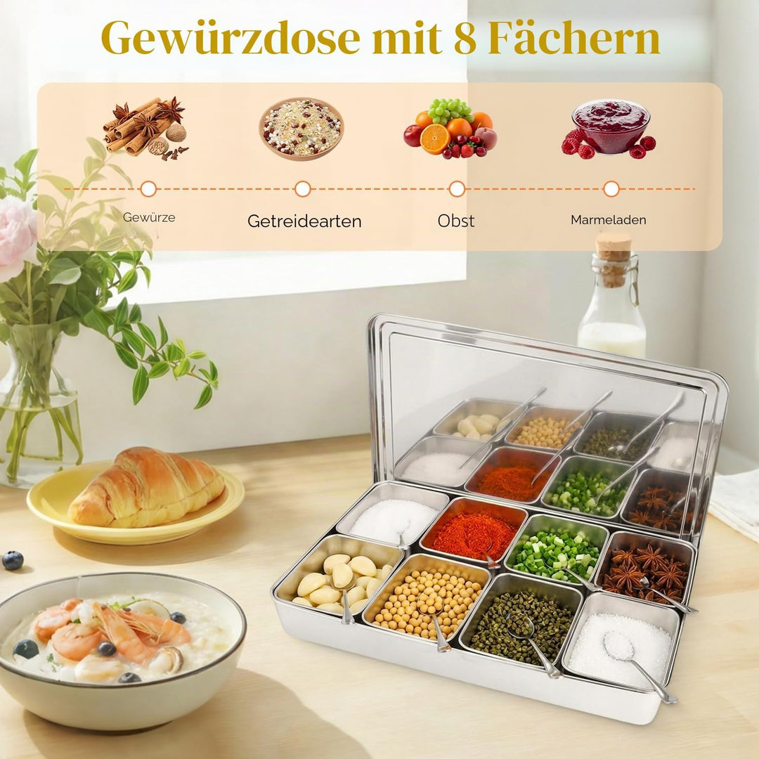 Hapivida Zutatenbehälter Pizza Edelstahl 453x300x68 mm 8 Gitter Gewürzbox Beilagenbehälter Gewürz Be