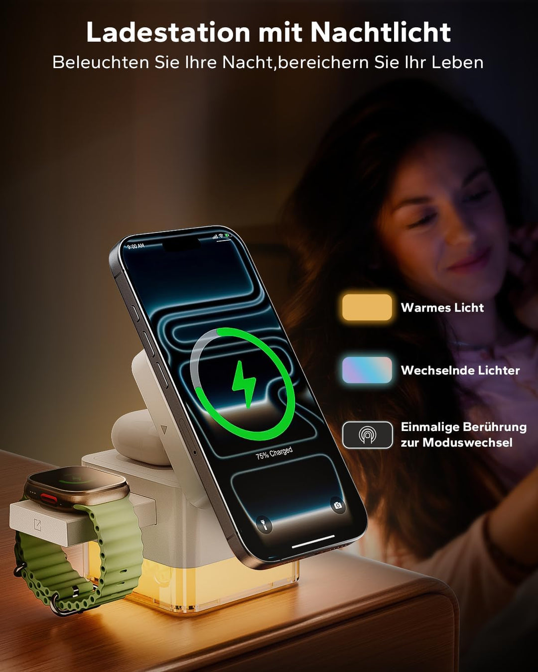 KPON Ladestation Apple Watch und iPhone für Magsafe, 3-in-1 Cube Induktive Ladestation mit Magsafe L