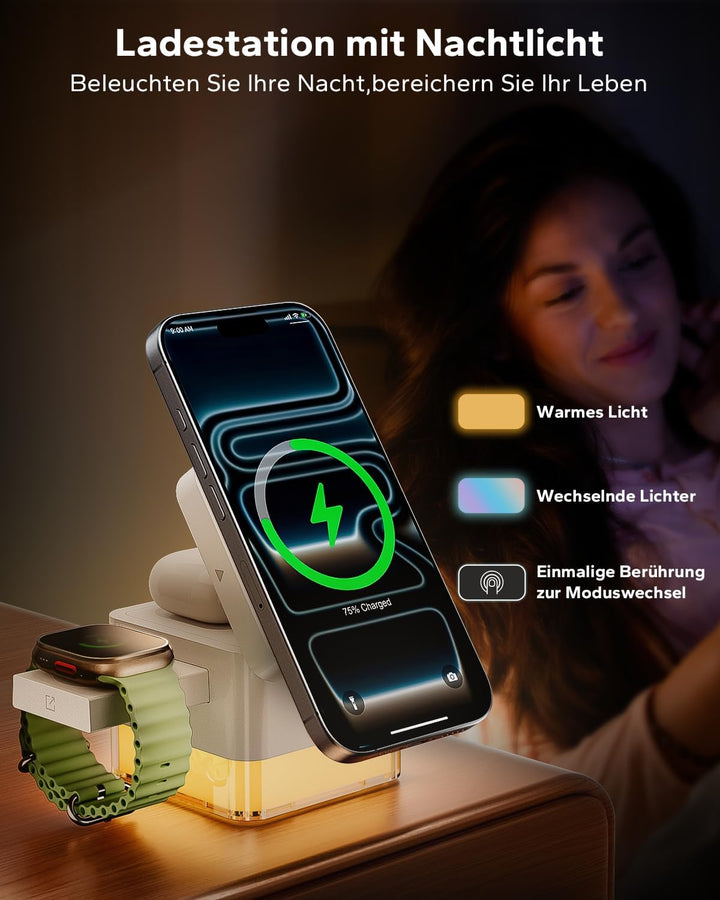 KPON Ladestation Apple Watch und iPhone für Magsafe, 3-in-1 Cube Induktive Ladestation mit Magsafe L