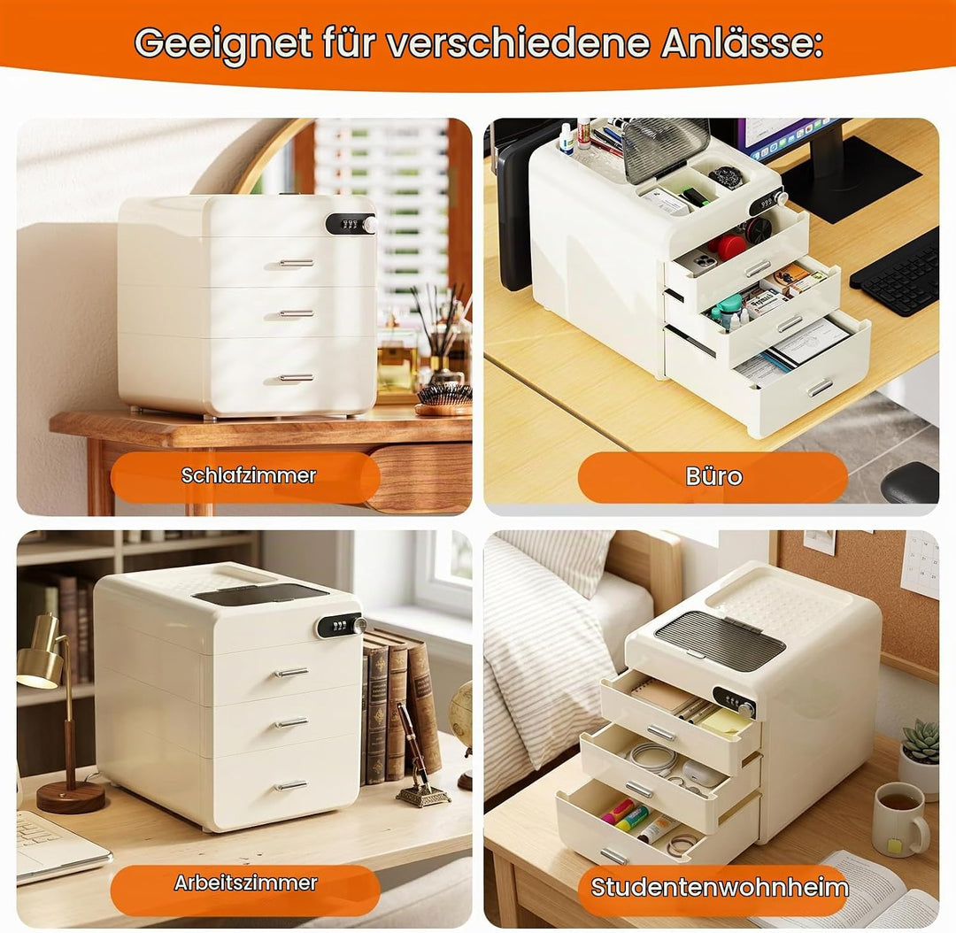 Schubladenbox Kunststoff mit Zahlenschloss, BüRo Organizer Schubladen mit 3 Schubladen + Stauraum Ob