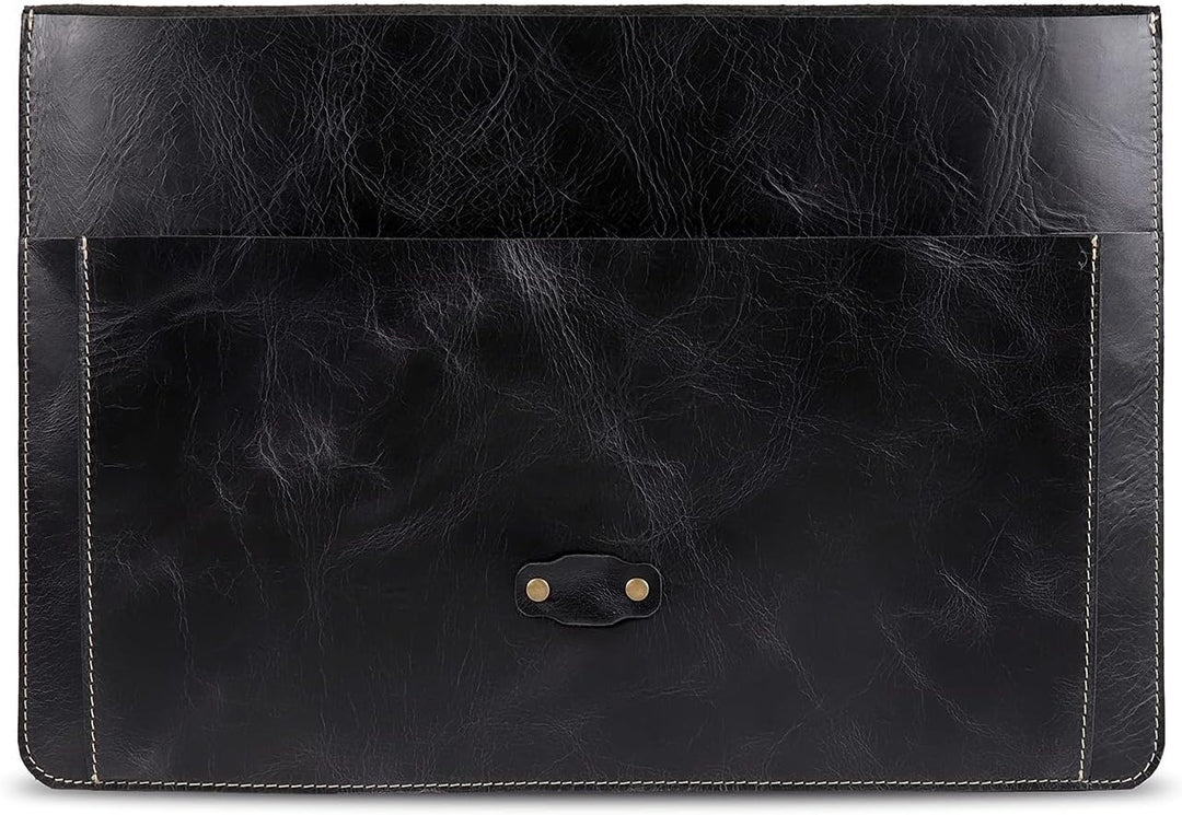 Londo Real Grain Leather MacBook Pro Case with Front Pocket & Flap Closure (Schwarz, 15-16 Zoll), OT