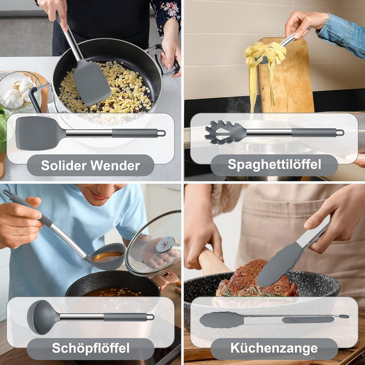 Herogo Küchenhelfer Set, 7 Stück Silikon Küchenutensilien Set, Küchenutensilienset mit Edelstahlgrif