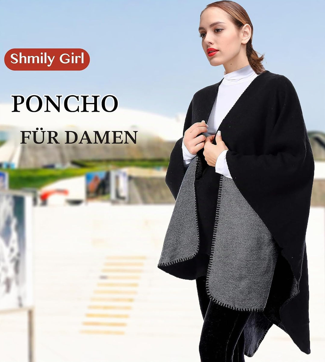 Shmily Girl - Damen Poncho Habe Gestrickt Überdimensionalen Decke Kap-Schal Schwarz &amp; Grau, Schwarz
