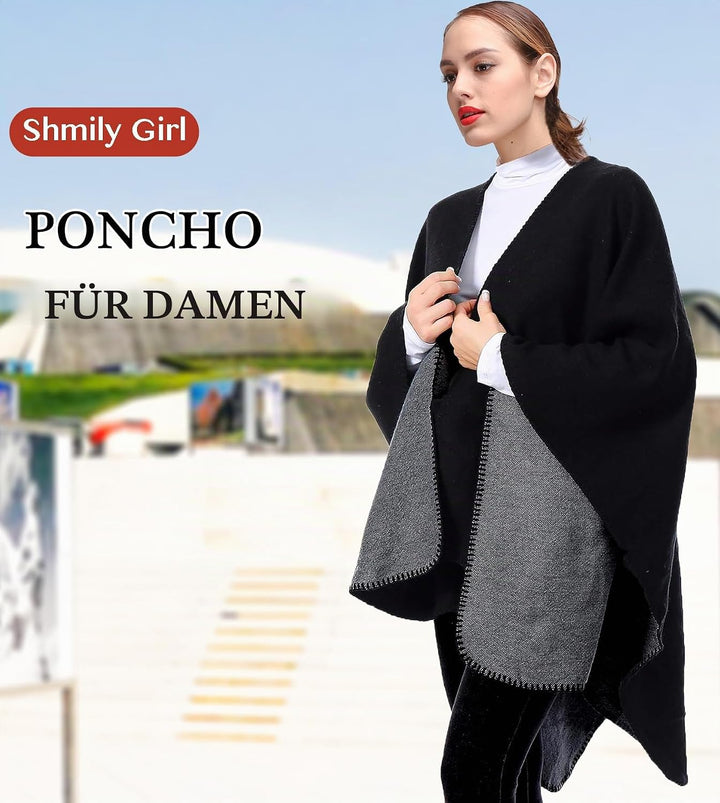 Shmily Girl - Damen Poncho Habe Gestrickt Überdimensionalen Decke Kap-Schal Schwarz &amp; Grau, Schwarz