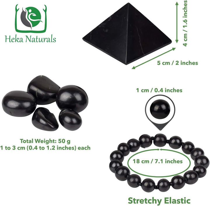 Heka Naturals Polierte Schungit-Pyramide (5 cm), Dehnbares Armband & Trommelsteine | Wohnkultur, Was