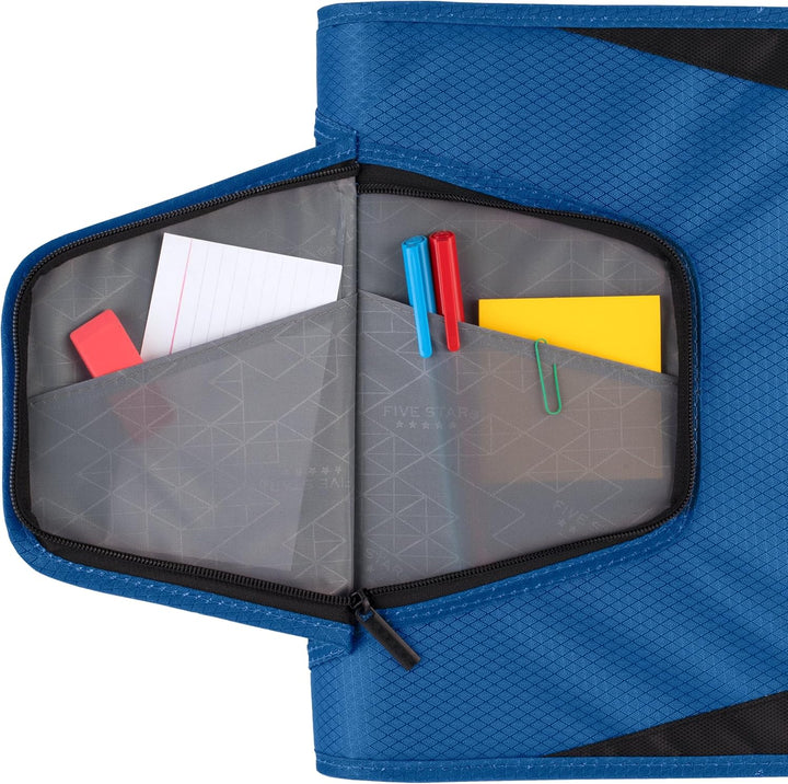 Five Star Reissverschluss-Binder, 3,8 cm 3-Ringbuch für Schule, 3 Fächer, 500 Blatt Kapazität, Blau