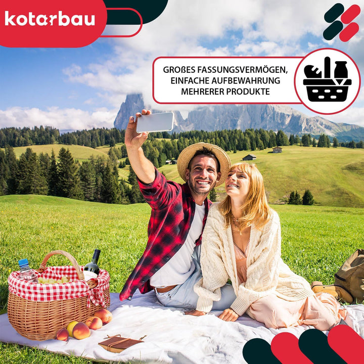 KOTARBAU® Picknickkorb Weidenkorb 46 cm Naturfarbe Einkaufskorbmit rot kariertem Stoffeinsatz Osterk