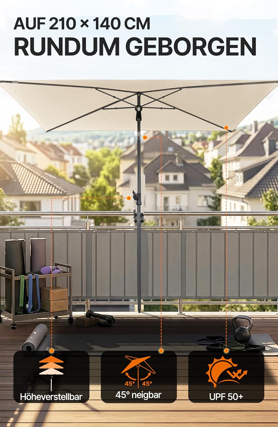 4smile SunnyShade Balkonschirm Rechteckig 210x140 cm, Sonnenschutz Balkon mit UV 50+, Sonnenschirm B
