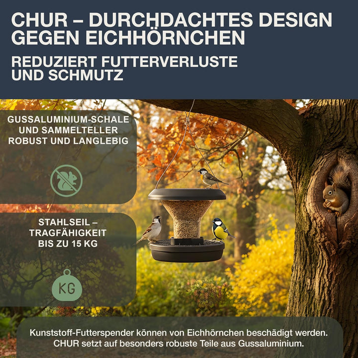 SWISSINNO SMART Birds CHUR Vogelfutterspender Anthrazit aus Aluminium Hängender Saatspender eichhörn