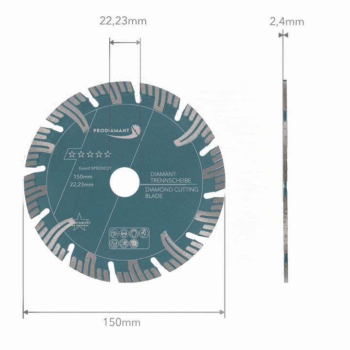 PRODIAMANT Profi Diamant-Trennscheibe Granit Super Speed Cut Doppelpack 150 mm x 22,2 mm mit Schutzs